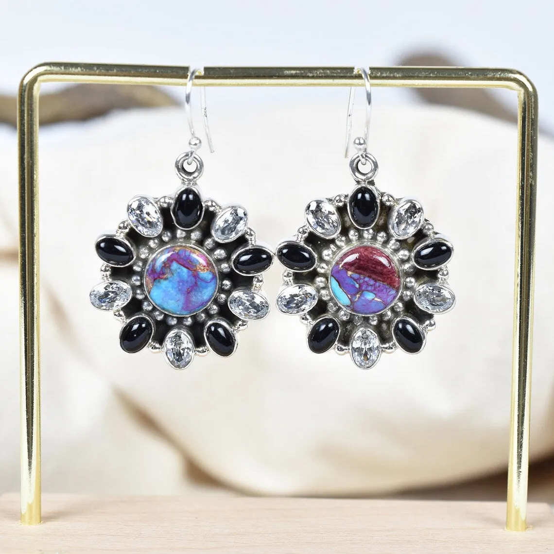 Native American Purple Copper Turquoise, Black Onyx & Cubic Zirconia Cluster Earrings - 925 Sterling Silver Earrings