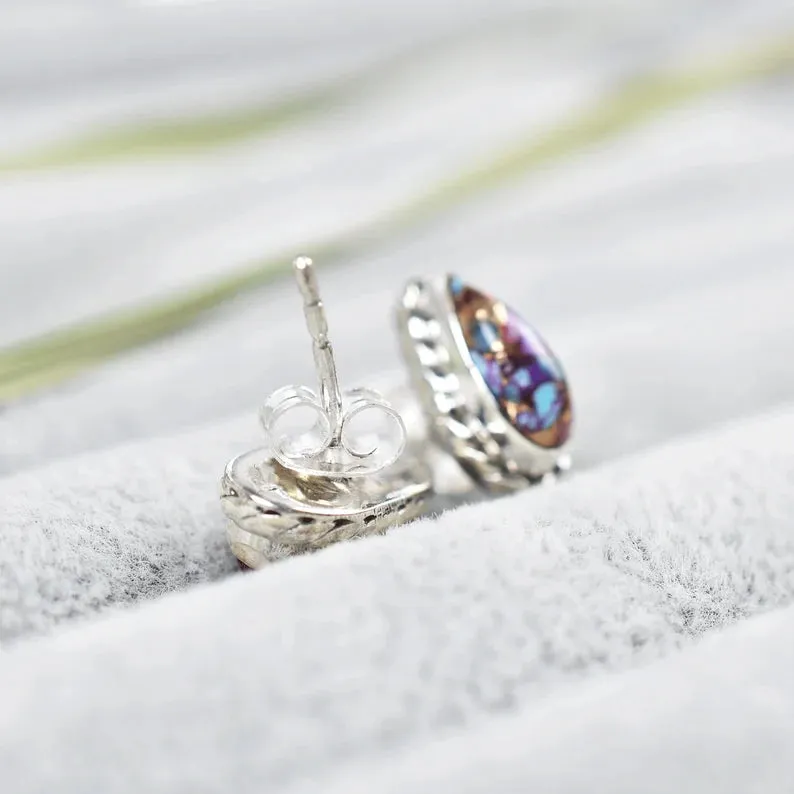 Native American Teardrop Pink Copper Turquoise Studs - 925 Sterling Silver Boho Style Studs