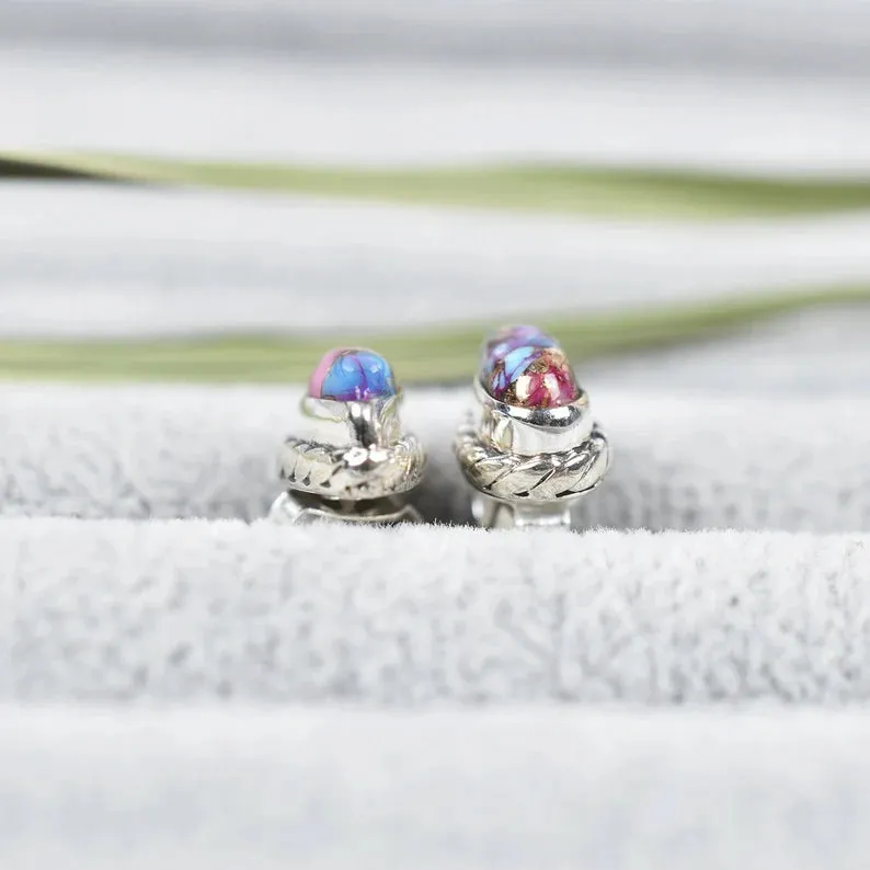Native American Teardrop Pink Copper Turquoise Studs - 925 Sterling Silver Boho Style Studs