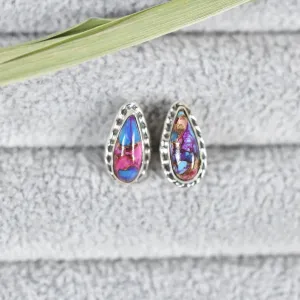 Native American Teardrop Pink Copper Turquoise Studs - 925 Sterling Silver Boho Style Studs