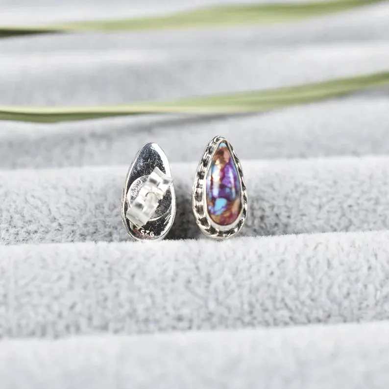 Native American Teardrop Pink Copper Turquoise Studs - 925 Sterling Silver Boho Style Studs