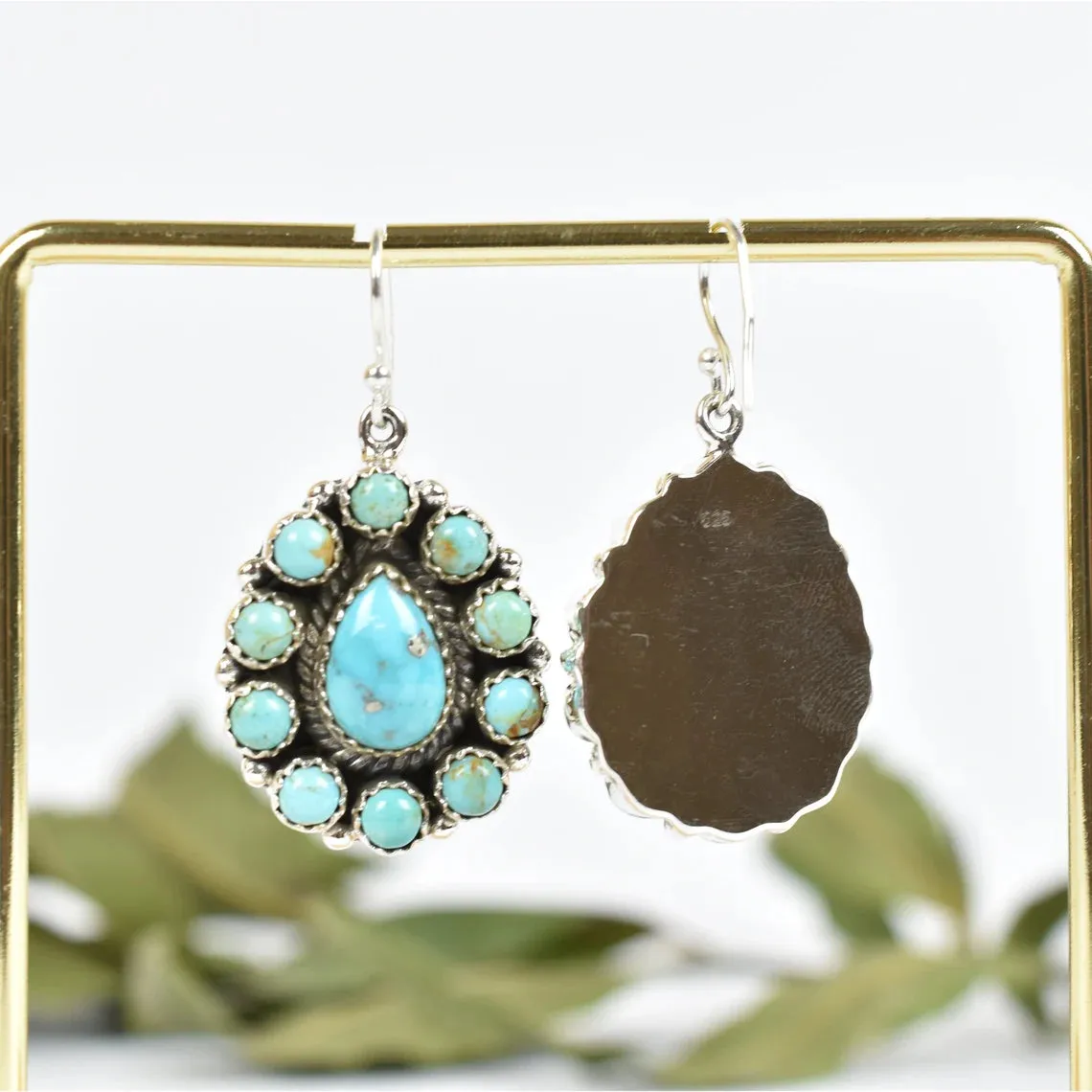 Native American Turquoise Cluster 925 Sterling Silver Earrings