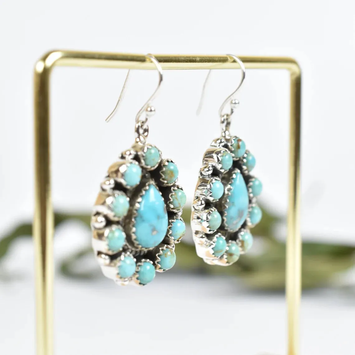 Native American Turquoise Cluster 925 Sterling Silver Earrings