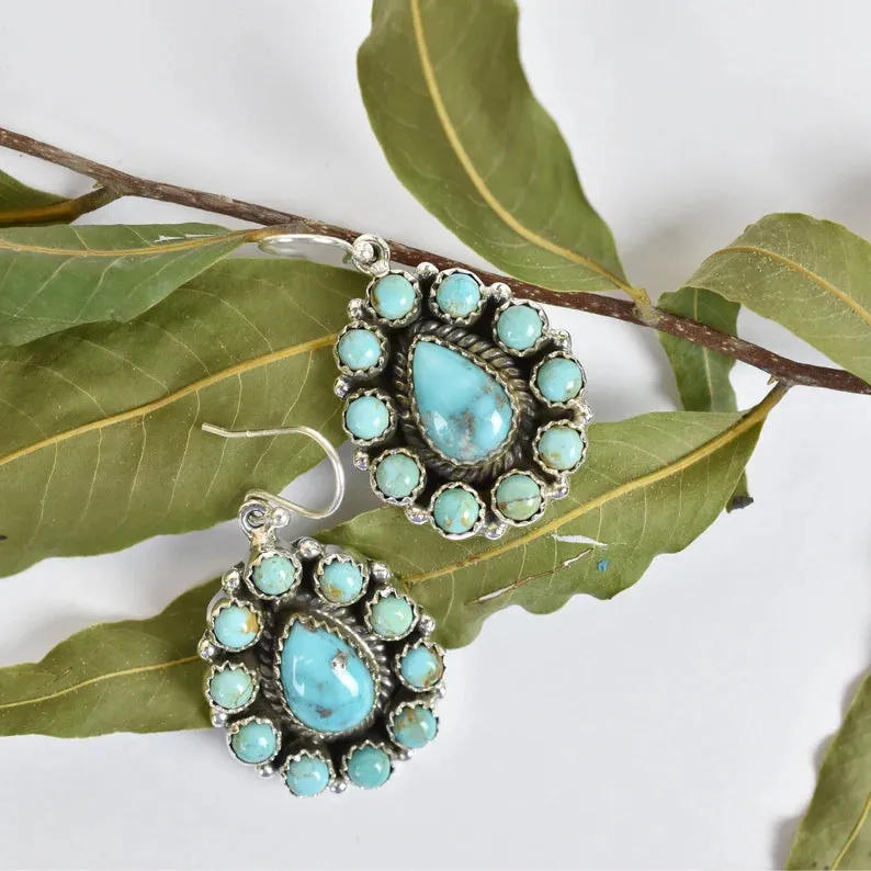 Native American Turquoise Cluster 925 Sterling Silver Earrings
