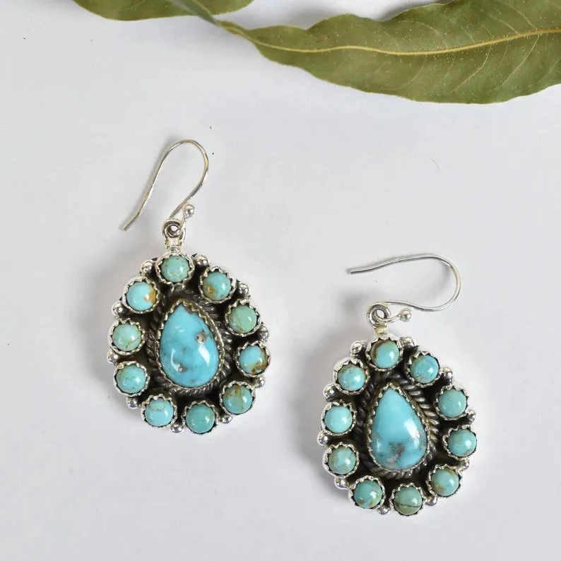 Native American Turquoise Cluster 925 Sterling Silver Earrings