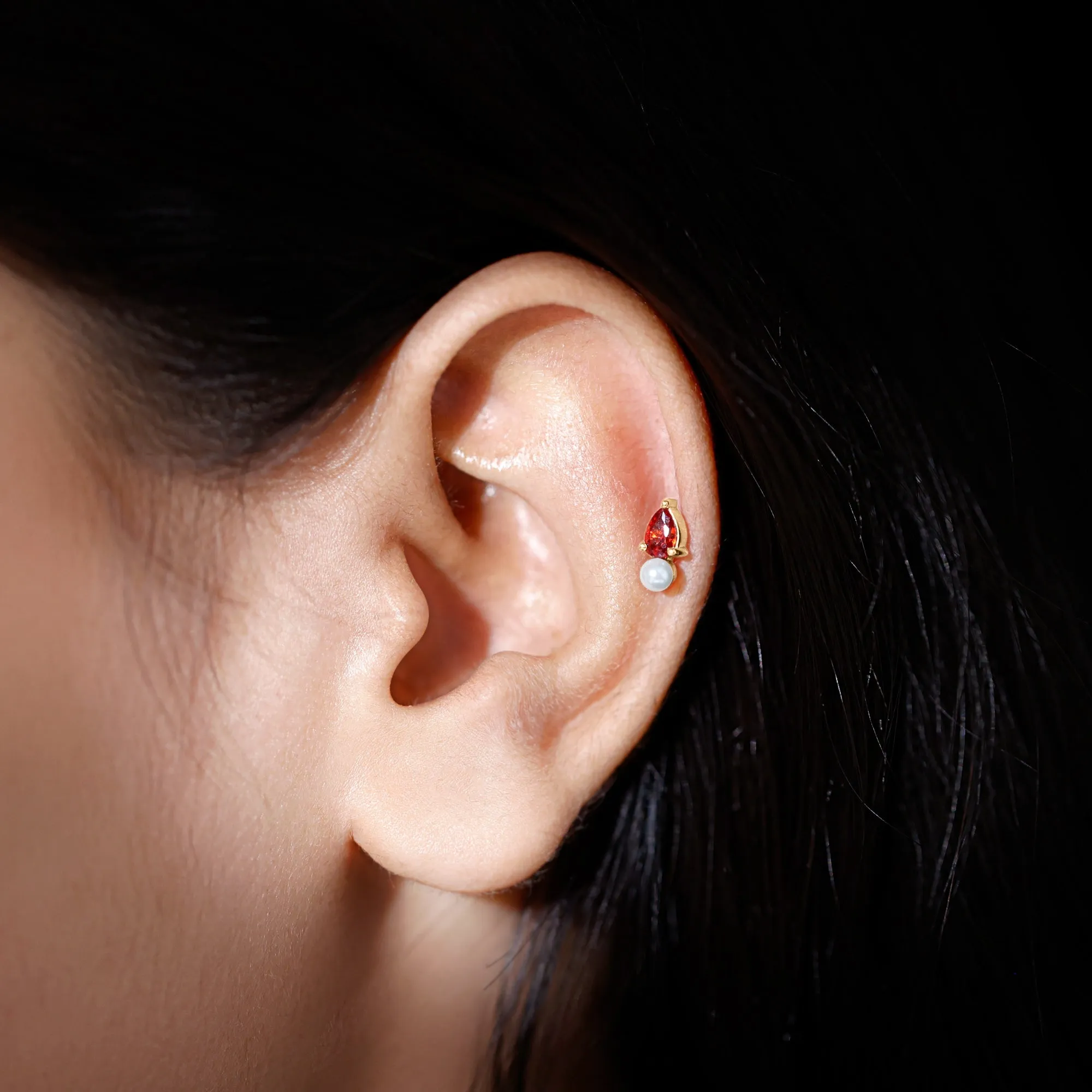 Natural Freshwater Pearl Two Stone Helix Earring with Garnet
