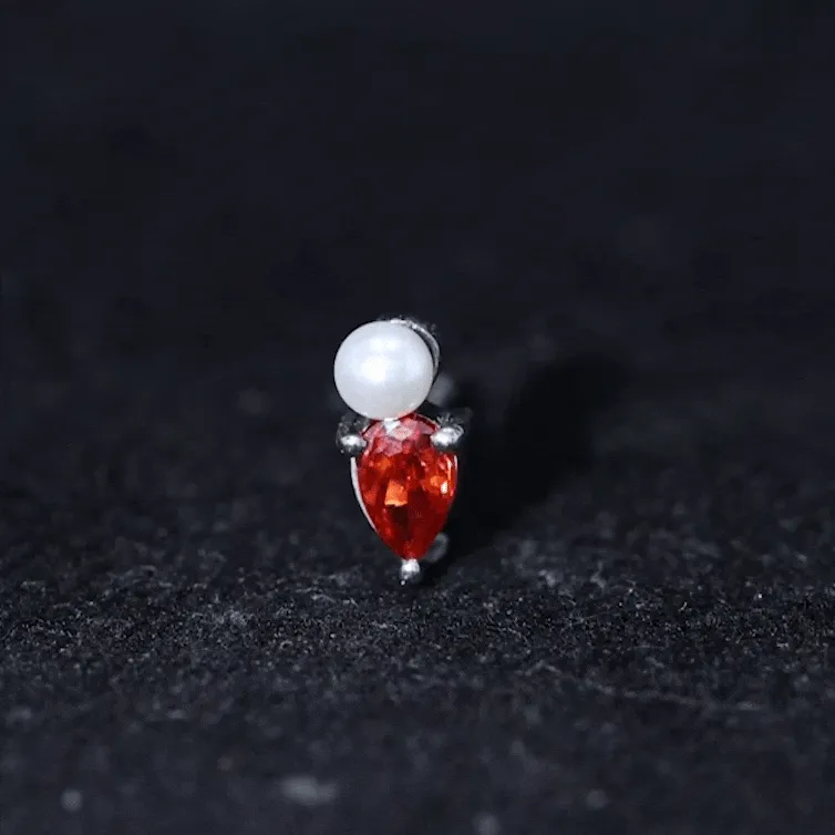 Natural Freshwater Pearl Two Stone Helix Earring with Garnet