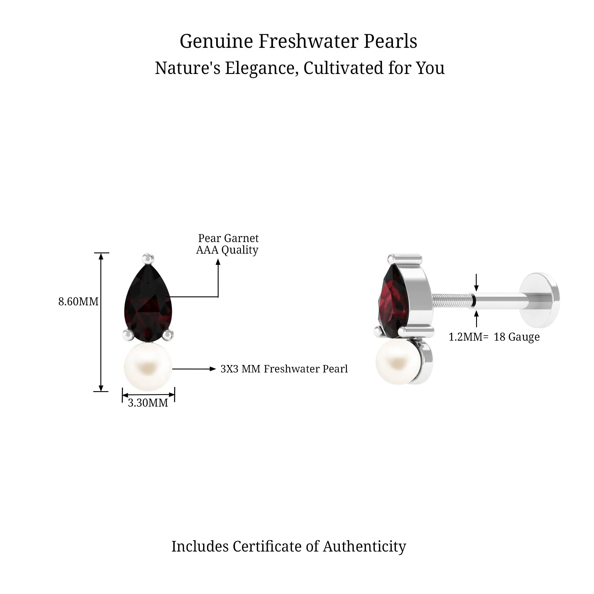 Natural Freshwater Pearl Two Stone Helix Earring with Garnet