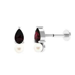 Natural Freshwater Pearl Two Stone Helix Earring with Garnet
