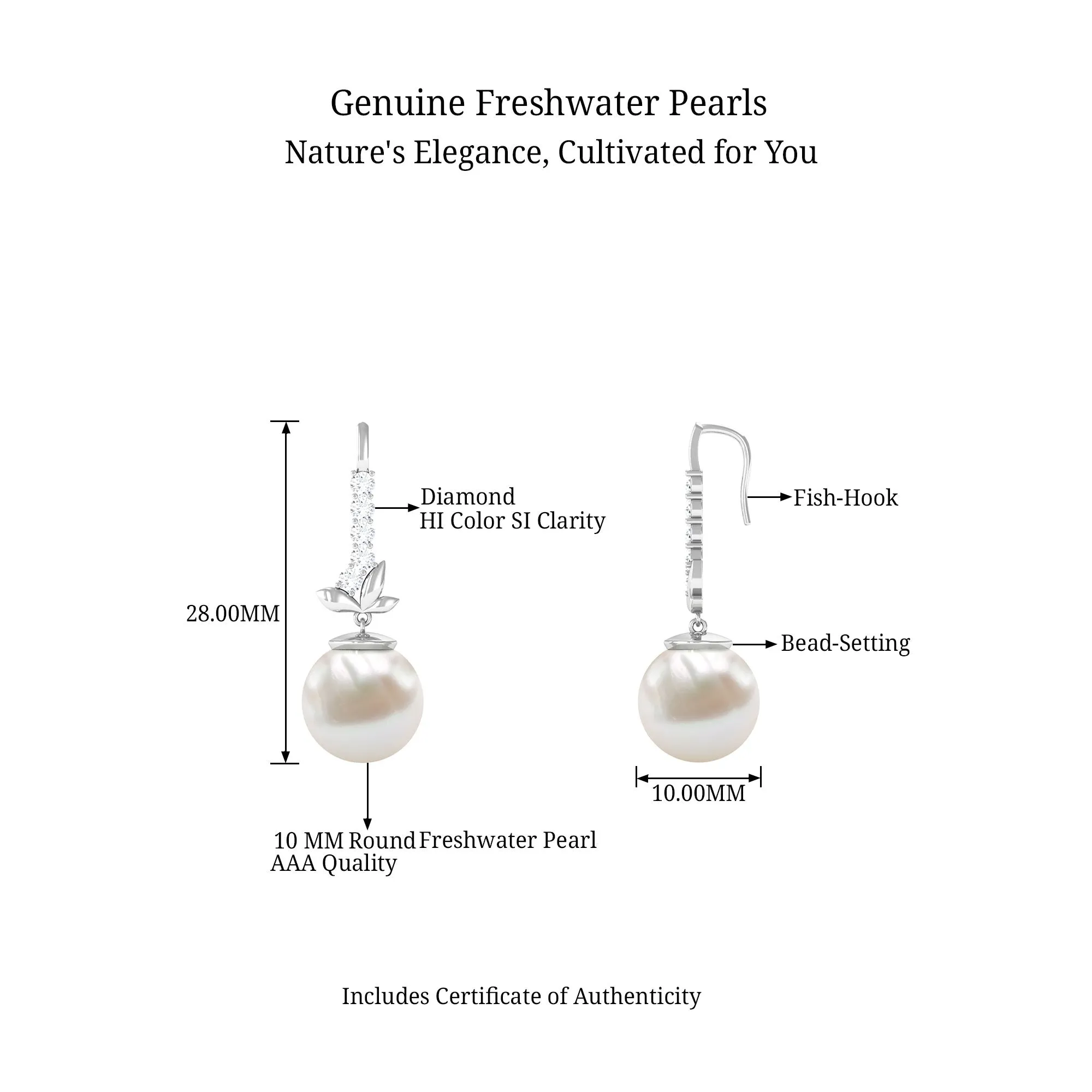 Nature Inspired Freshwater Pearl Drop Earrings with Diamond