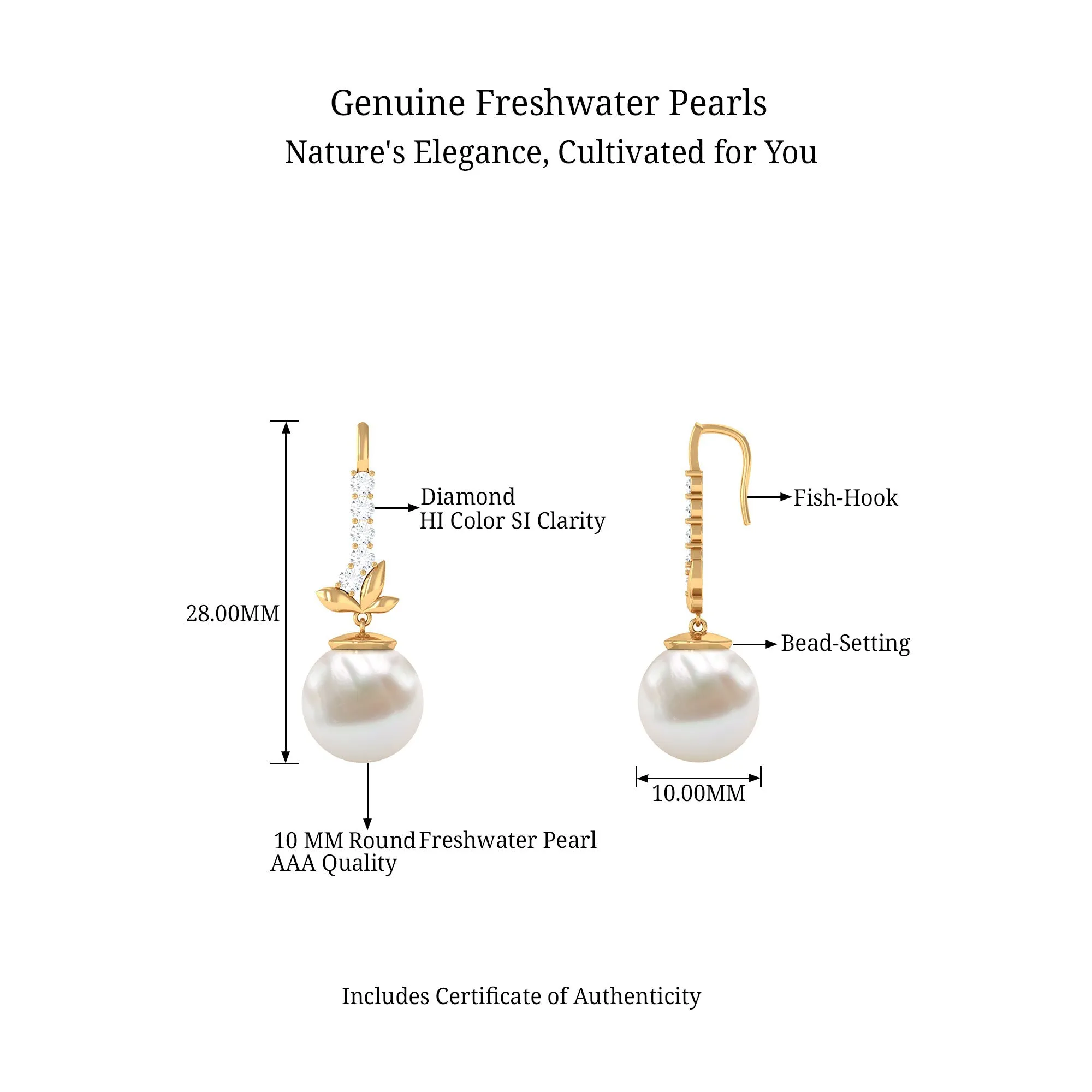Nature Inspired Freshwater Pearl Drop Earrings with Diamond