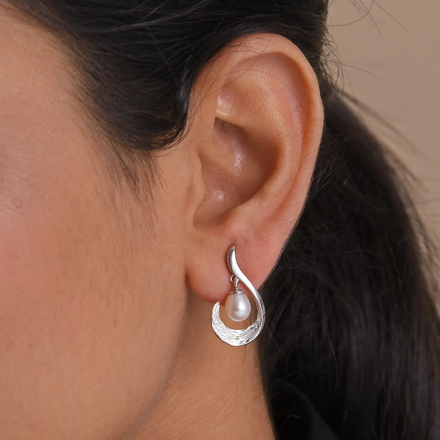 Ocean Wave Drop Earrings with Freshwater White Pearls
