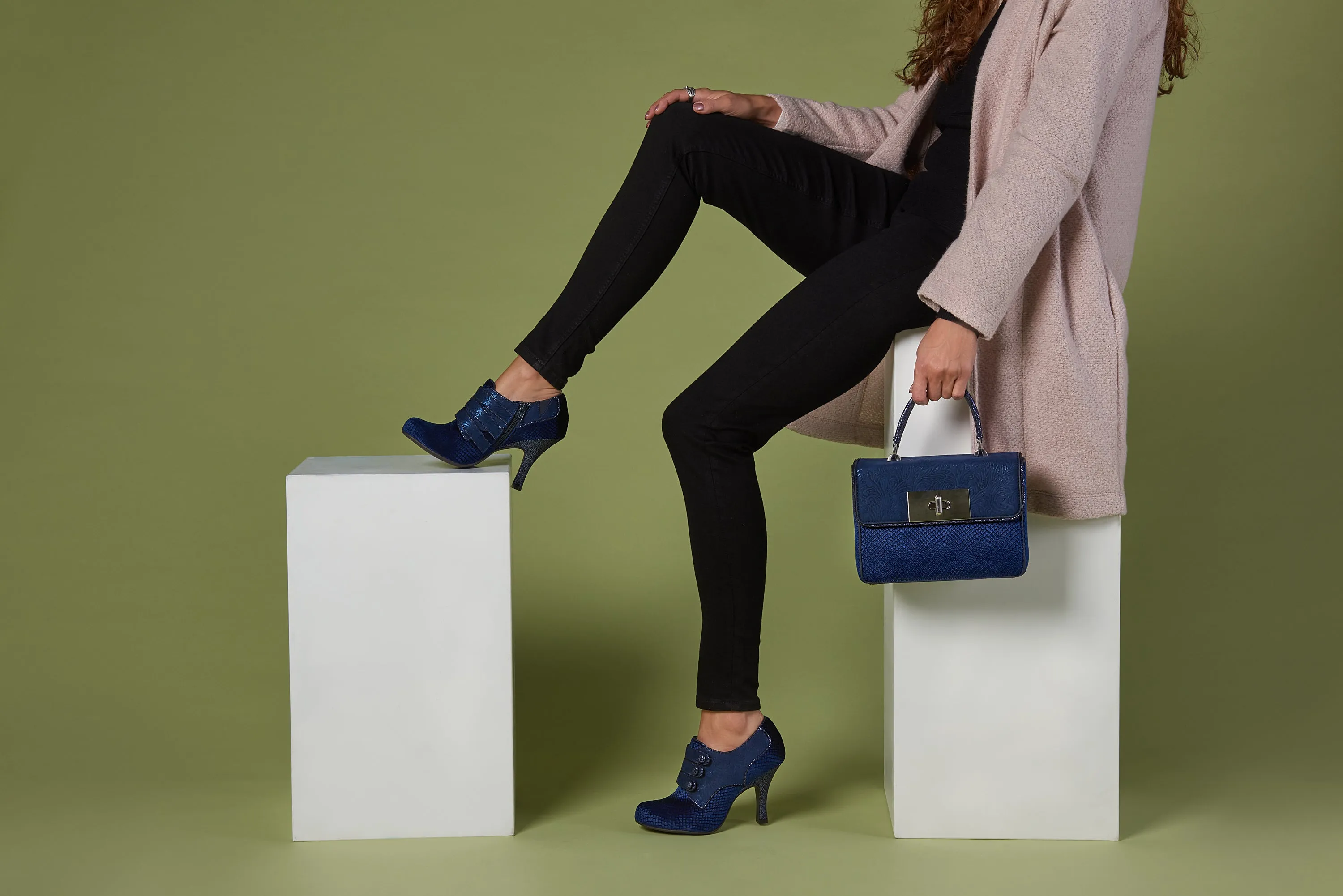 Octavia Sapphire Blue Velvet High Heel Bootie Shoes & Matching Perugia Bag by Ruby Shoo