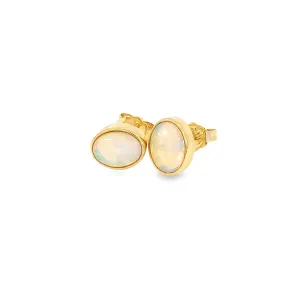 One pair of 9kt Yellow Gold Light Opal earring studs 7x5mm bezel set