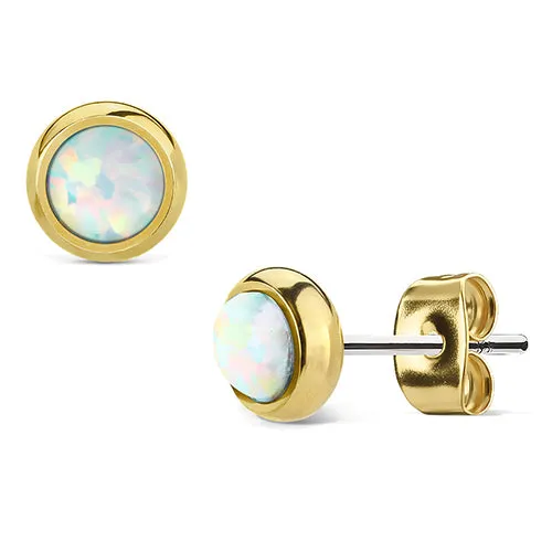 Opal Bezel Gold Stud Earrings