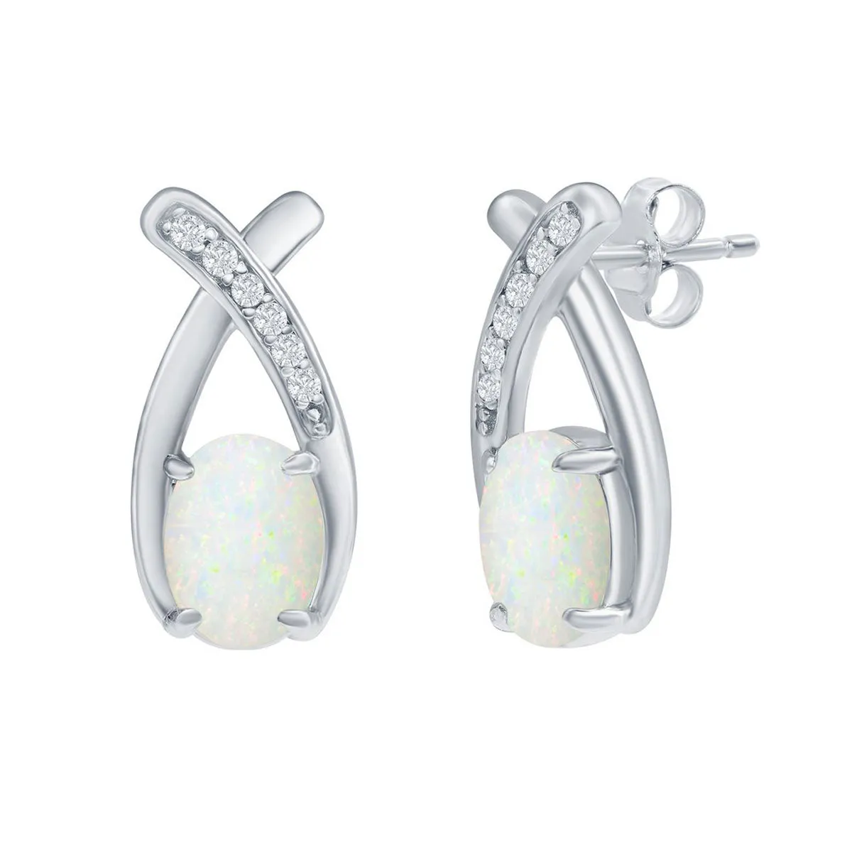 Opalata Women's Earrings - Sterling Silver Oval White Opal with CZ Post Back | D-8171