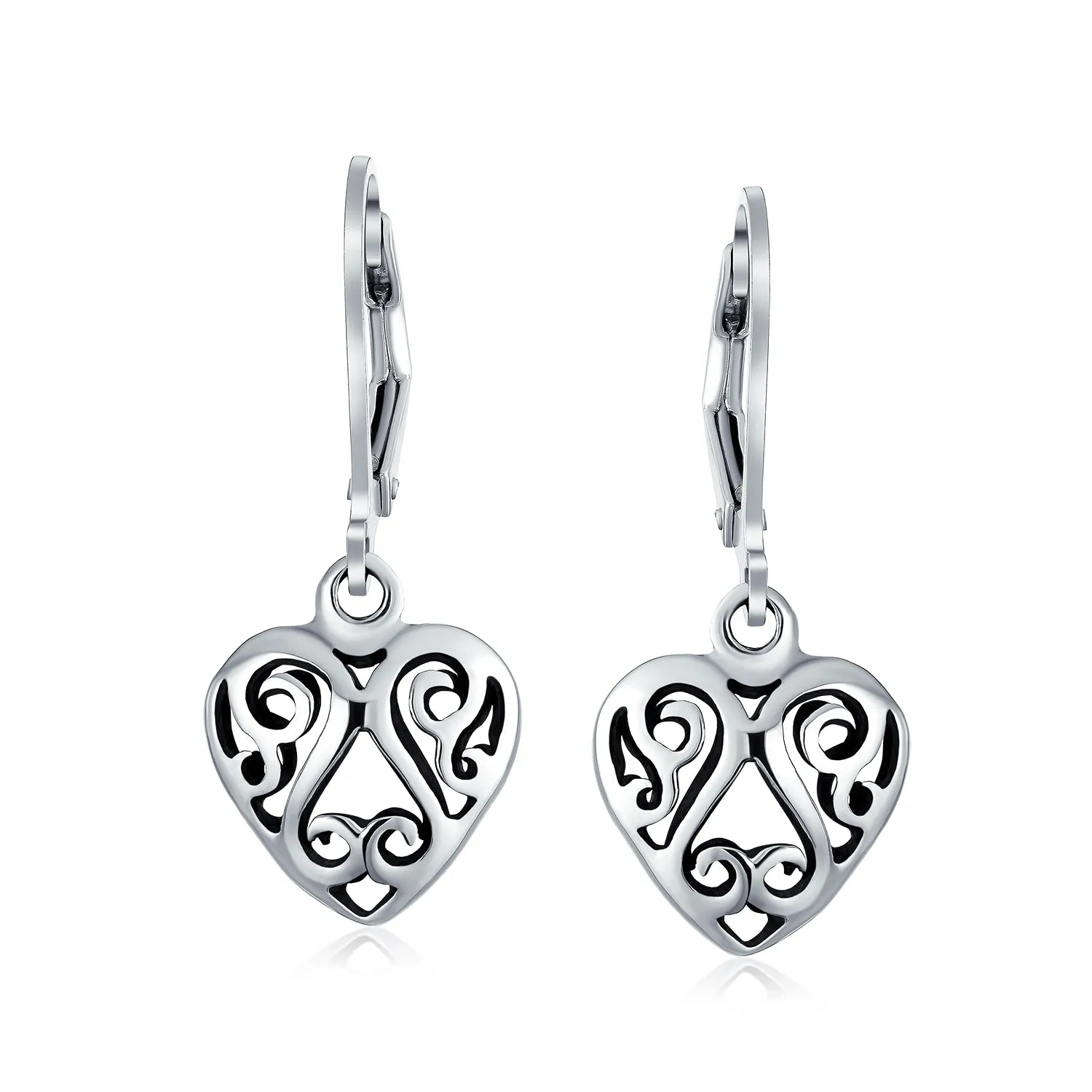 Open Filigree Heart Dangle Earrings Rose Gold Plated Sterling Silver Leverback