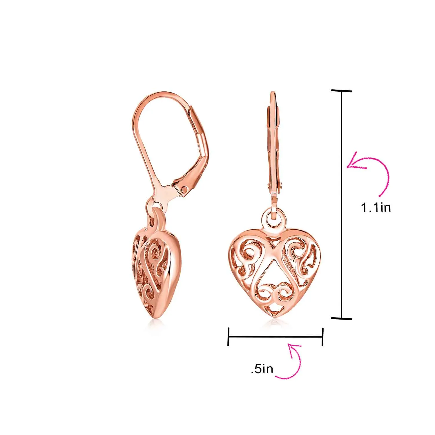 Open Filigree Heart Dangle Earrings Rose Gold Plated Sterling Silver Leverback