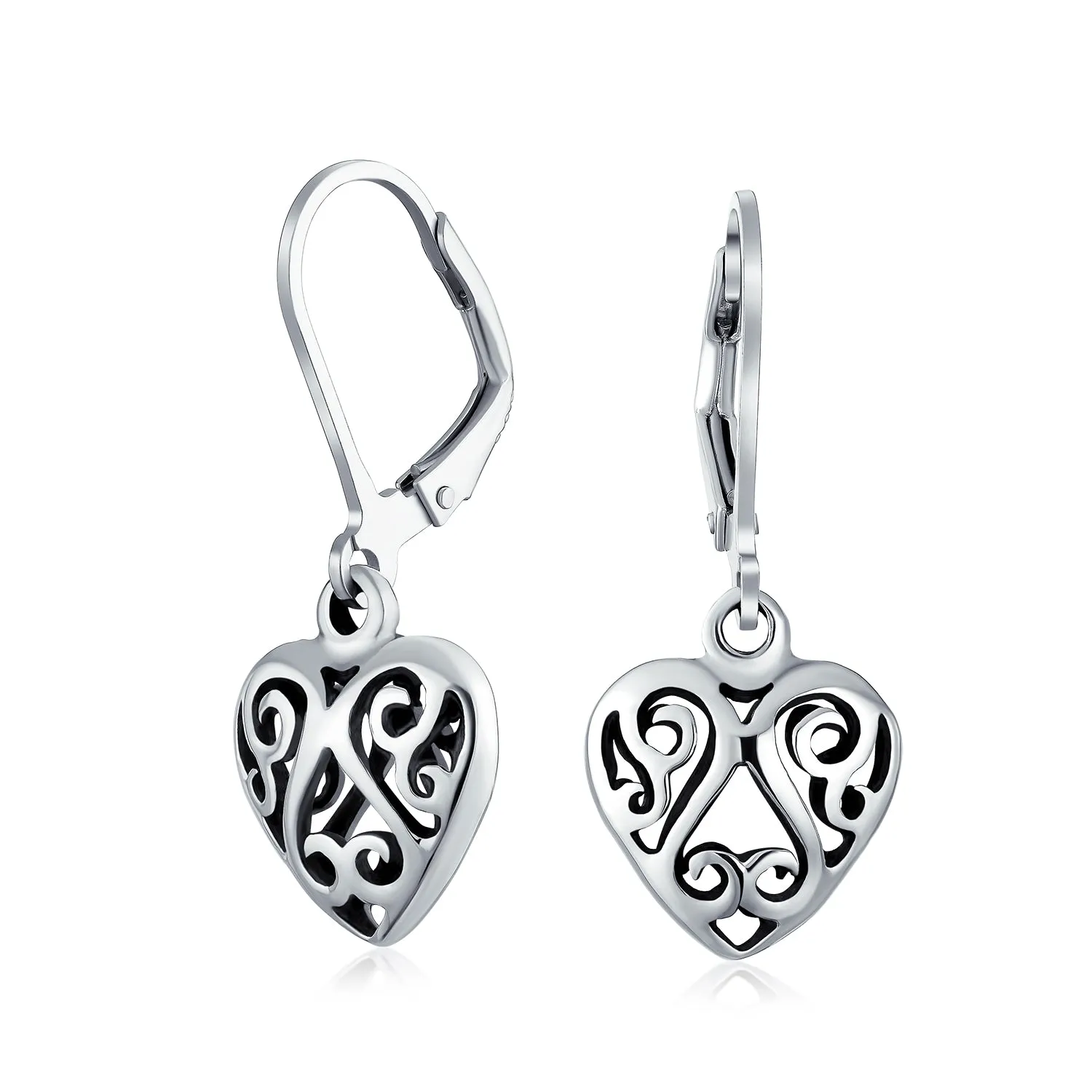Open Filigree Heart Dangle Earrings Rose Gold Plated Sterling Silver Leverback