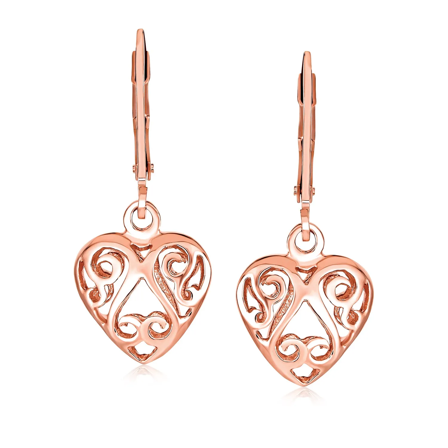 Open Filigree Heart Dangle Earrings Rose Gold Plated Sterling Silver Leverback