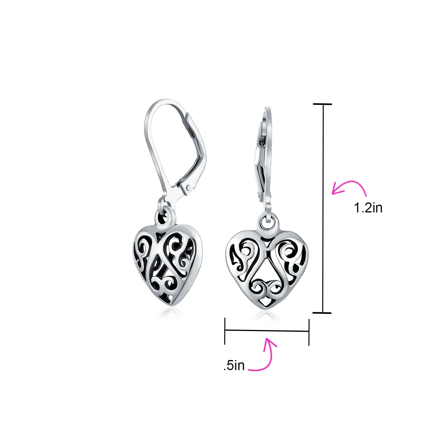 Open Filigree Heart Dangle Earrings Rose Gold Plated Sterling Silver Leverback