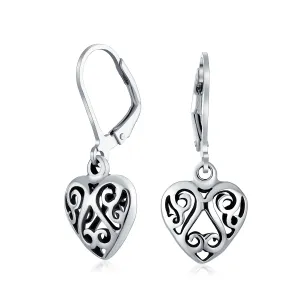 Open Filigree Heart Dangle Earrings Rose Gold Plated Sterling Silver Leverback