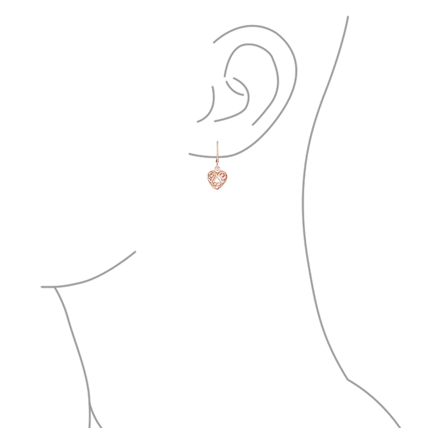 Open Filigree Heart Dangle Earrings Rose Gold Plated Sterling Silver Leverback
