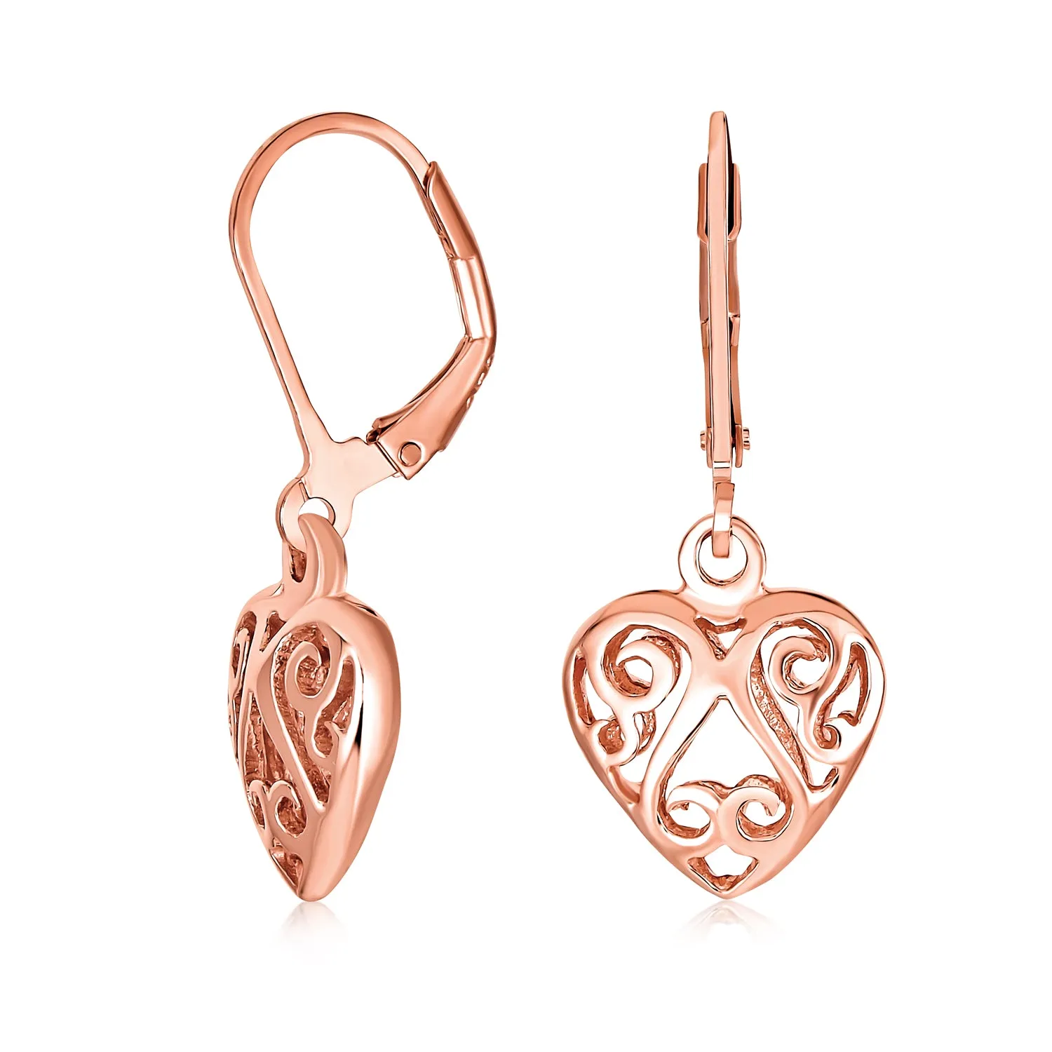 Open Filigree Heart Dangle Earrings Rose Gold Plated Sterling Silver Leverback