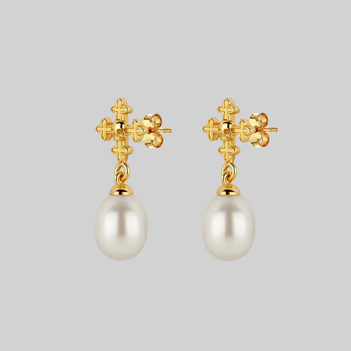 OPHELIA. Medieval Cross Stud Earrings - Gold