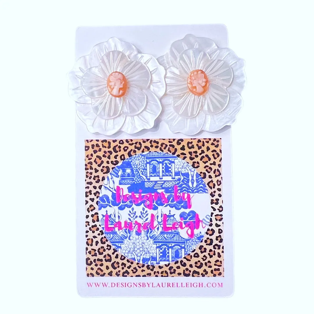 Orange & White Floral Cameo Pearl Studs - 2 Sizes