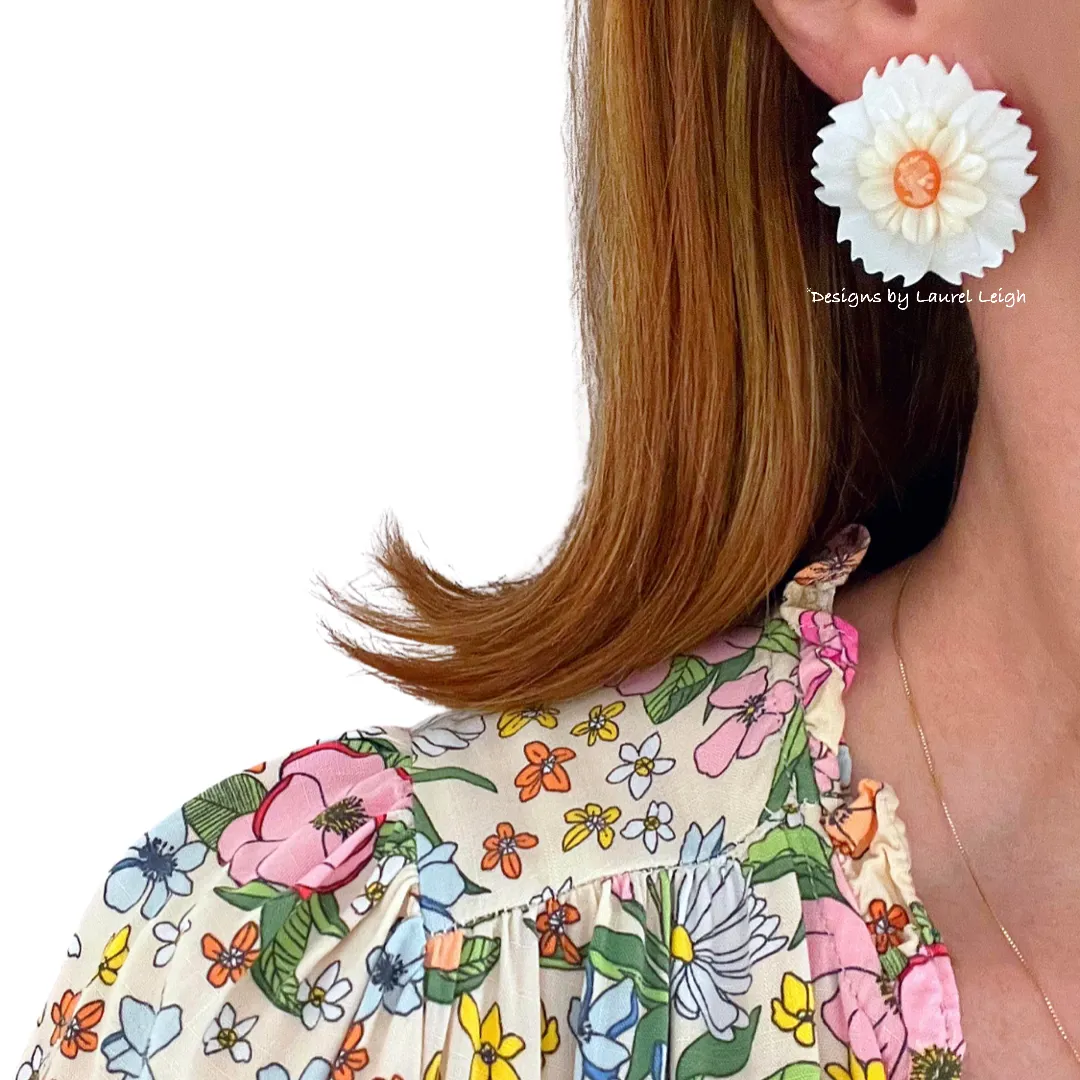 Orange & White Floral Cameo Pearl Studs - 2 Sizes