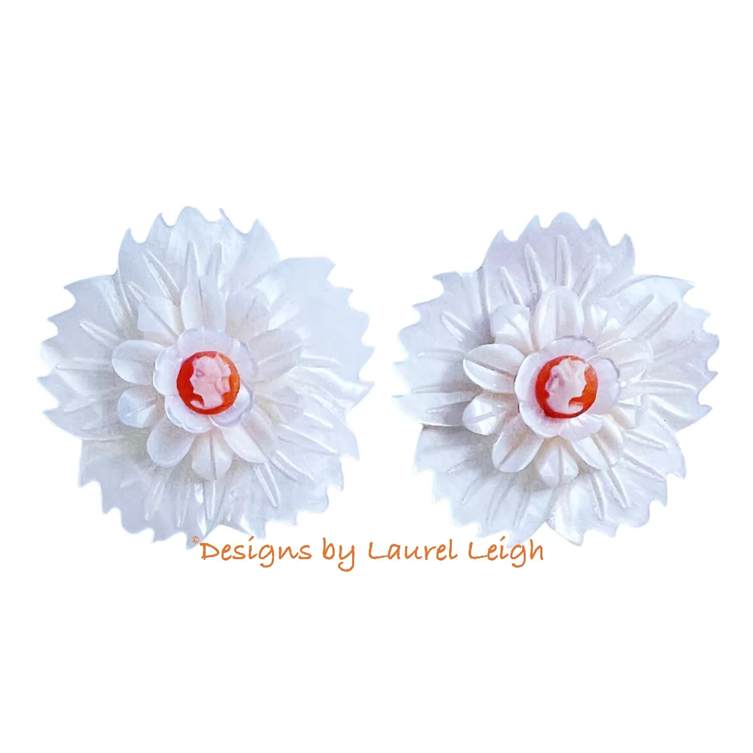 Orange & White Floral Cameo Pearl Studs - 2 Sizes