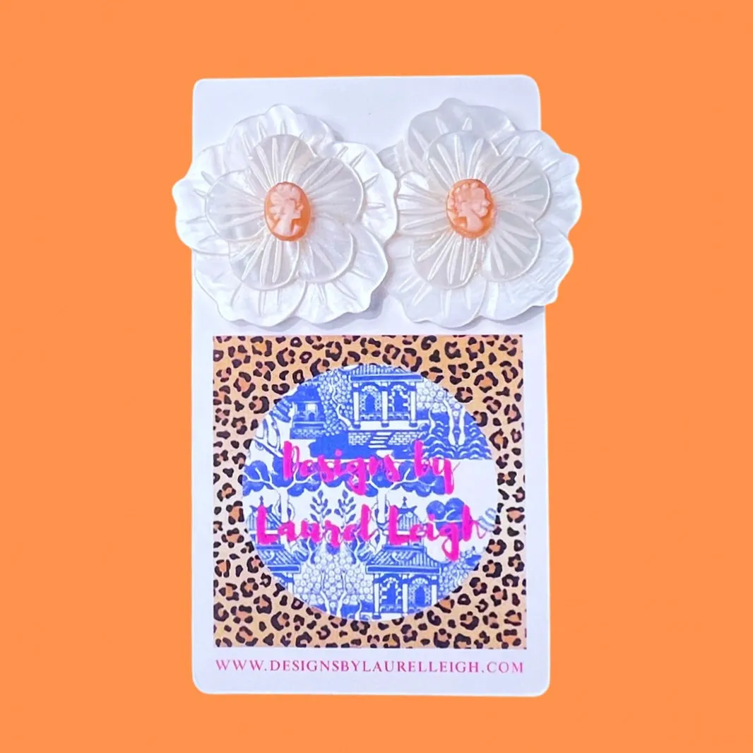 Orange & White Floral Cameo Pearl Studs - 2 Sizes