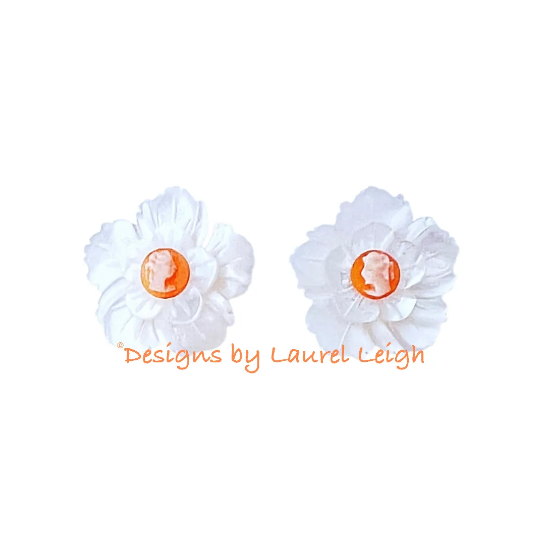 Orange & White Floral Cameo Pearl Studs - 2 Sizes