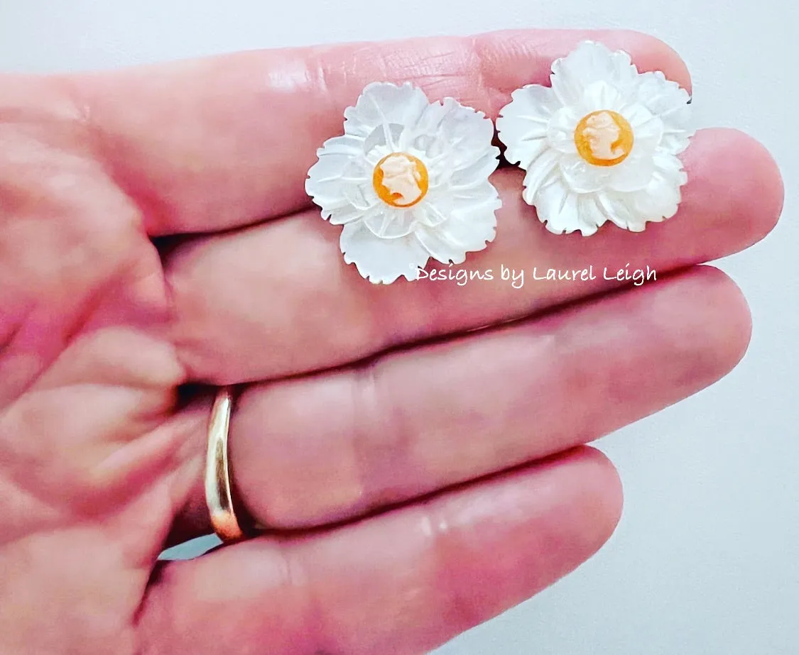 Orange & White Floral Cameo Pearl Studs - 2 Sizes