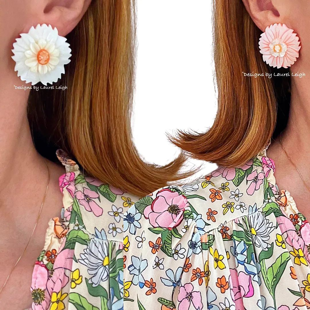 Orange & White Floral Cameo Pearl Studs - 2 Sizes