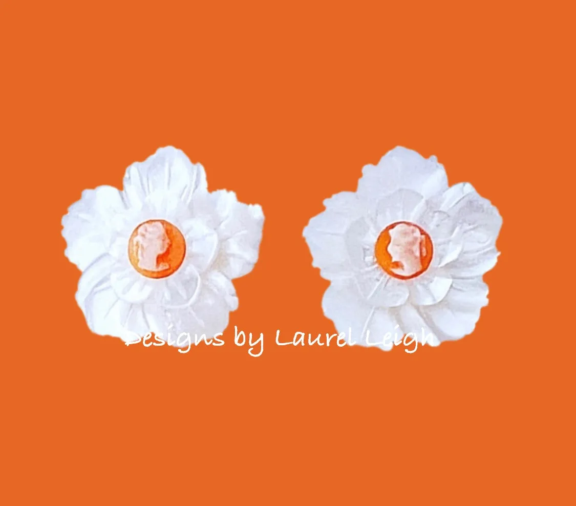 Orange & White Floral Cameo Pearl Studs - 2 Sizes