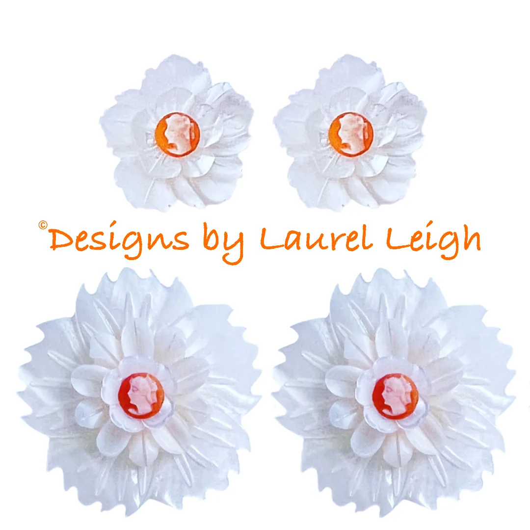 Orange & White Floral Cameo Pearl Studs - 2 Sizes