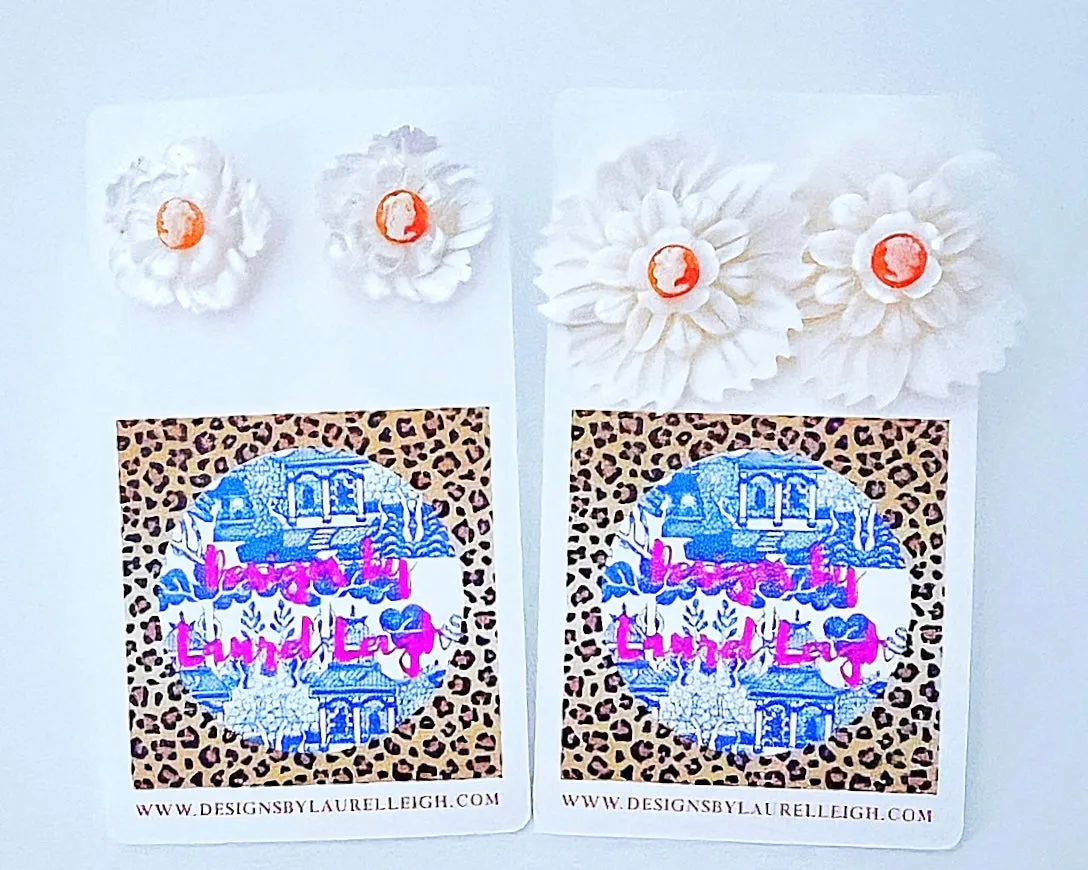 Orange & White Floral Cameo Pearl Studs - 2 Sizes