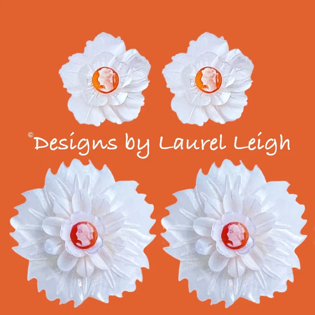 Orange & White Floral Cameo Pearl Studs - 2 Sizes