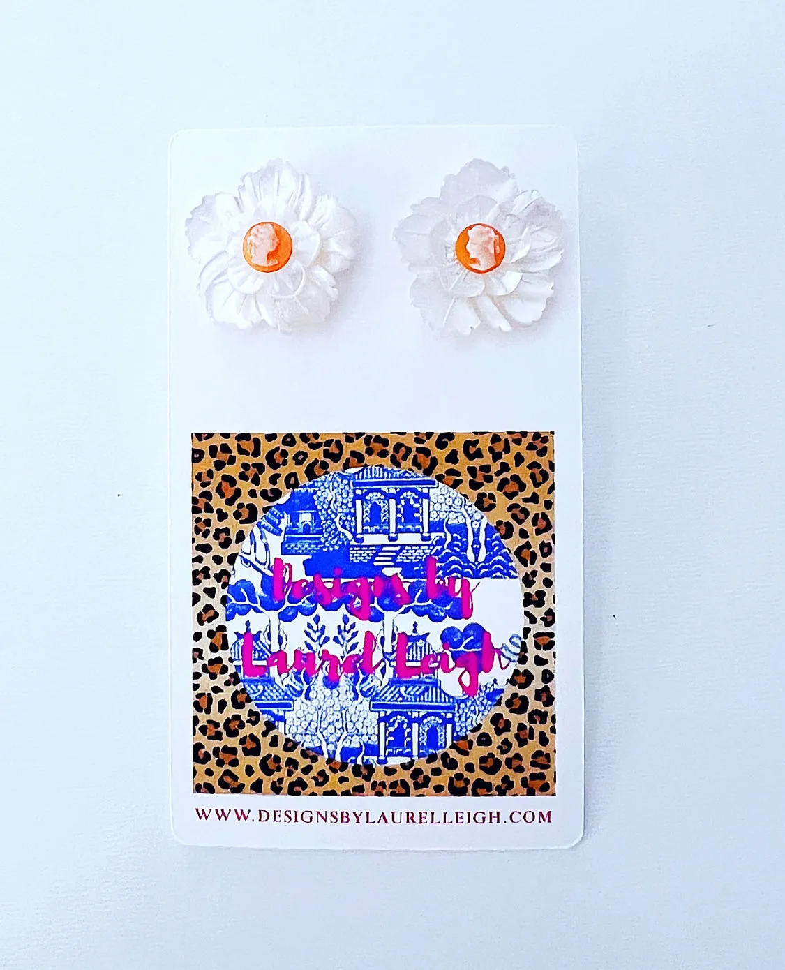 Orange & White Floral Cameo Pearl Studs - 2 Sizes