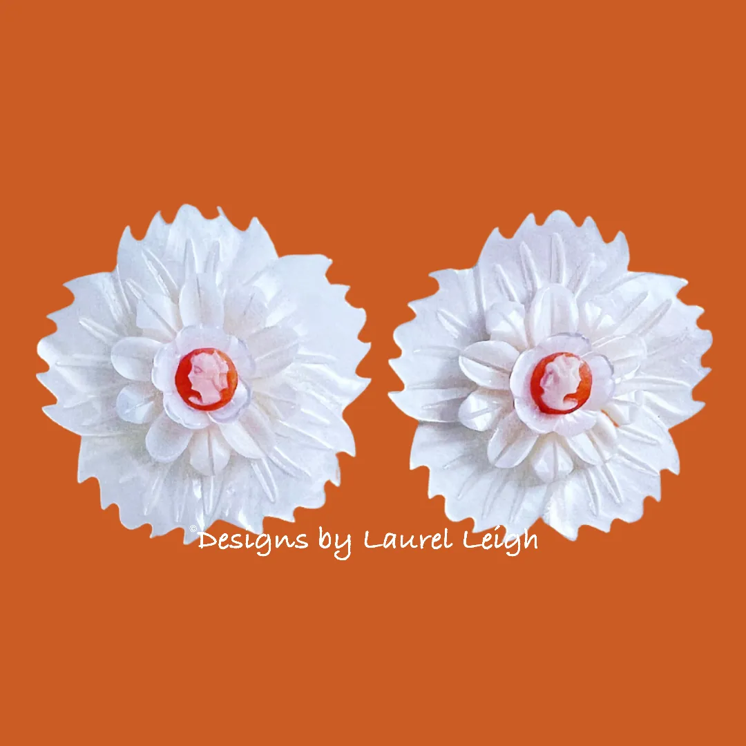 Orange & White Floral Cameo Pearl Studs - 2 Sizes