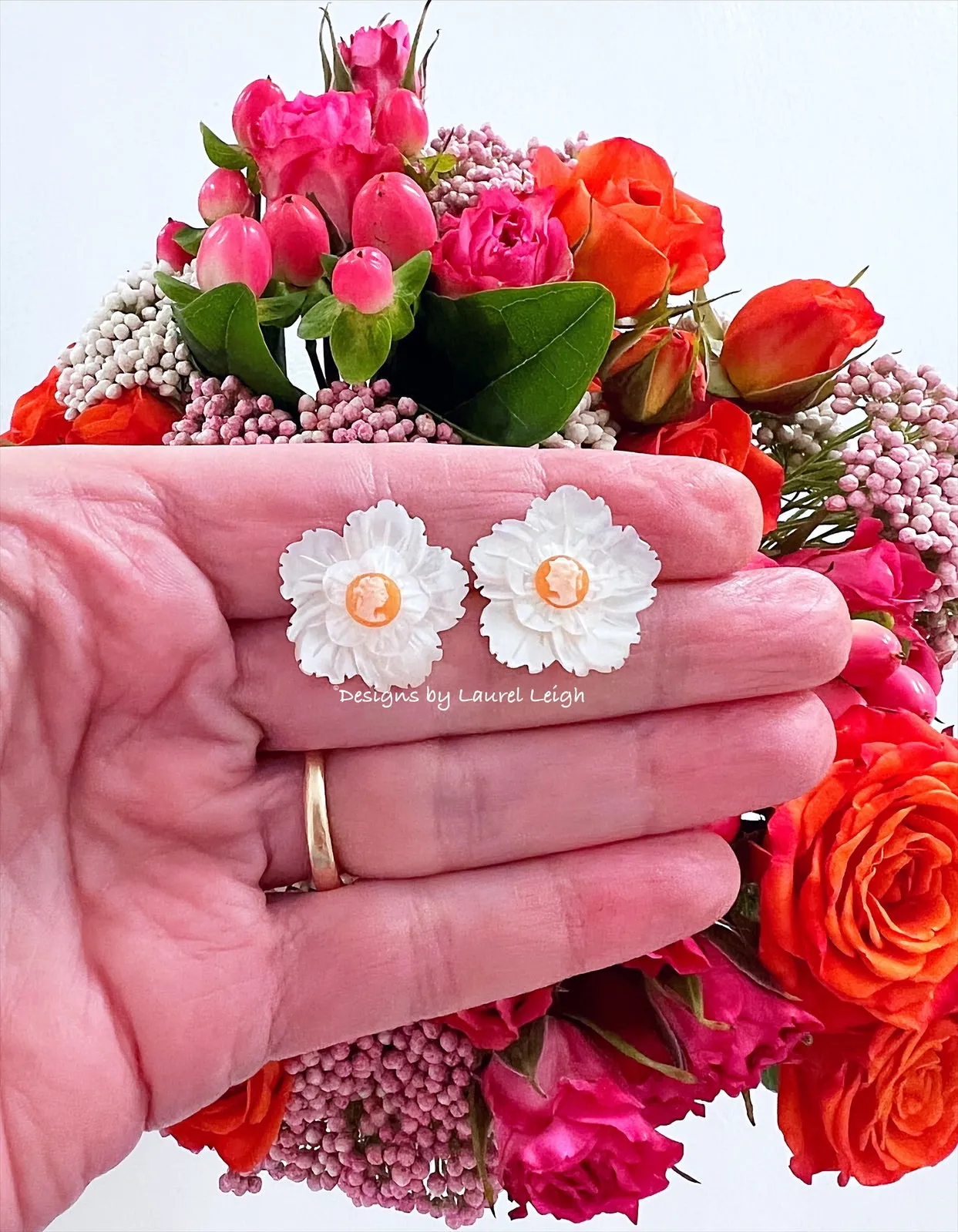 Orange & White Floral Cameo Pearl Studs - 2 Sizes