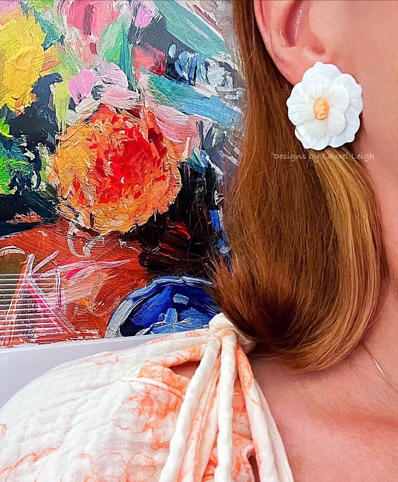 Orange & White Floral Cameo Pearl Studs - 2 Sizes