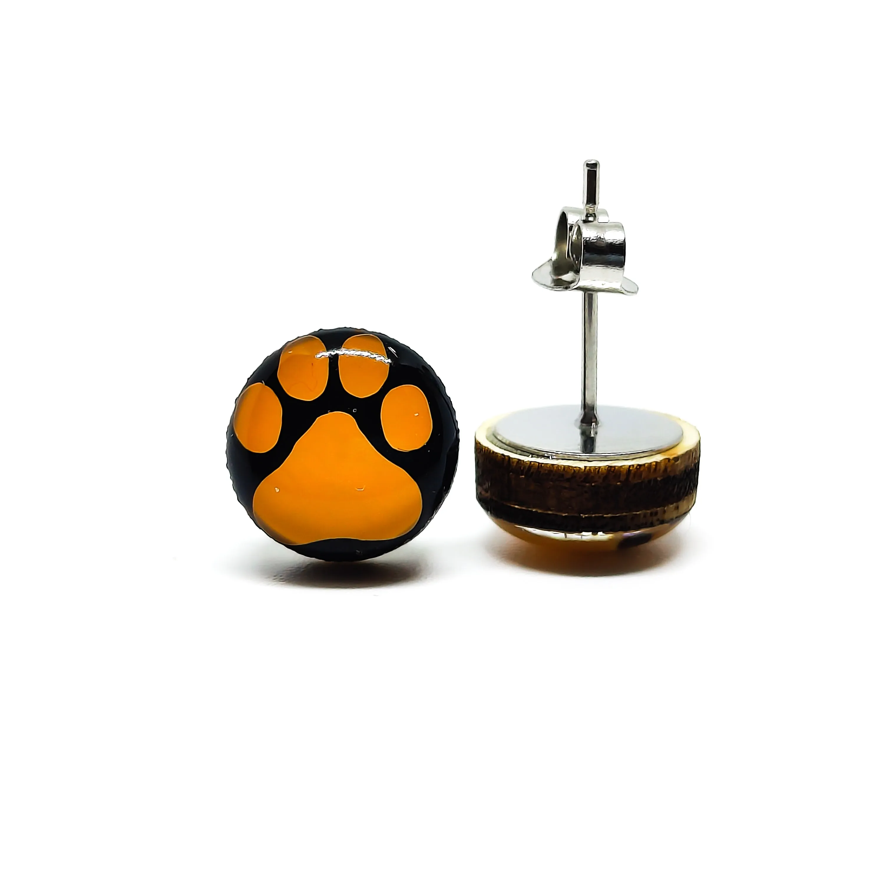 Orange and Black Paw Print Stud Earrings by Candi Cove Designs
