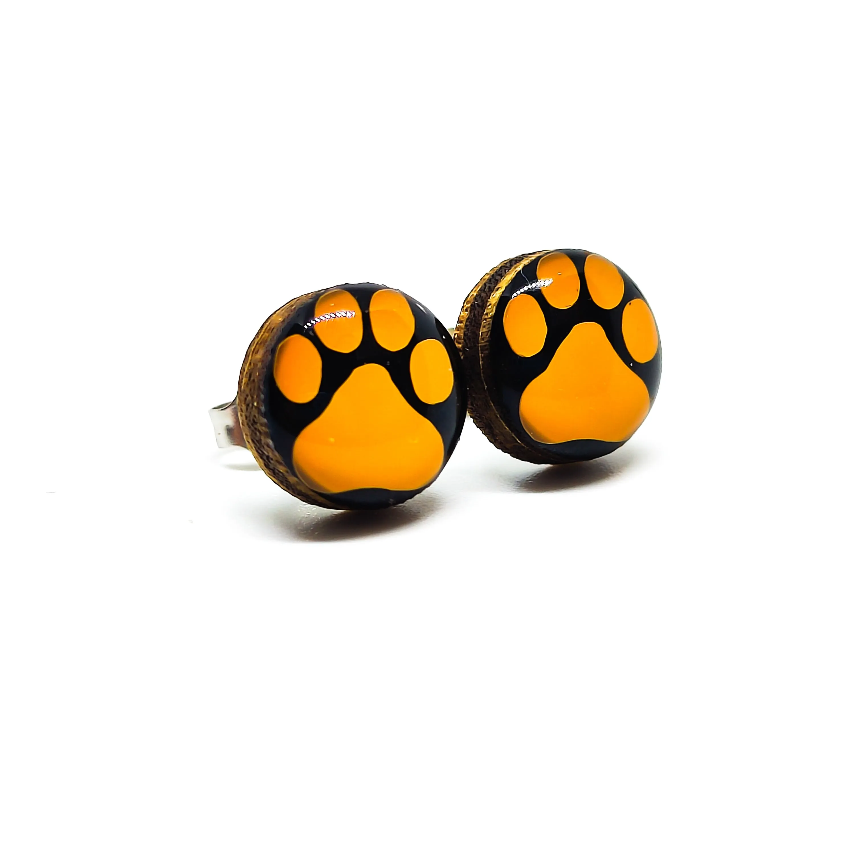 Orange and Black Paw Print Stud Earrings by Candi Cove Designs