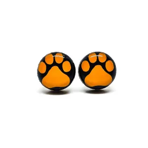 Orange and Black Paw Print Stud Earrings by Candi Cove Designs