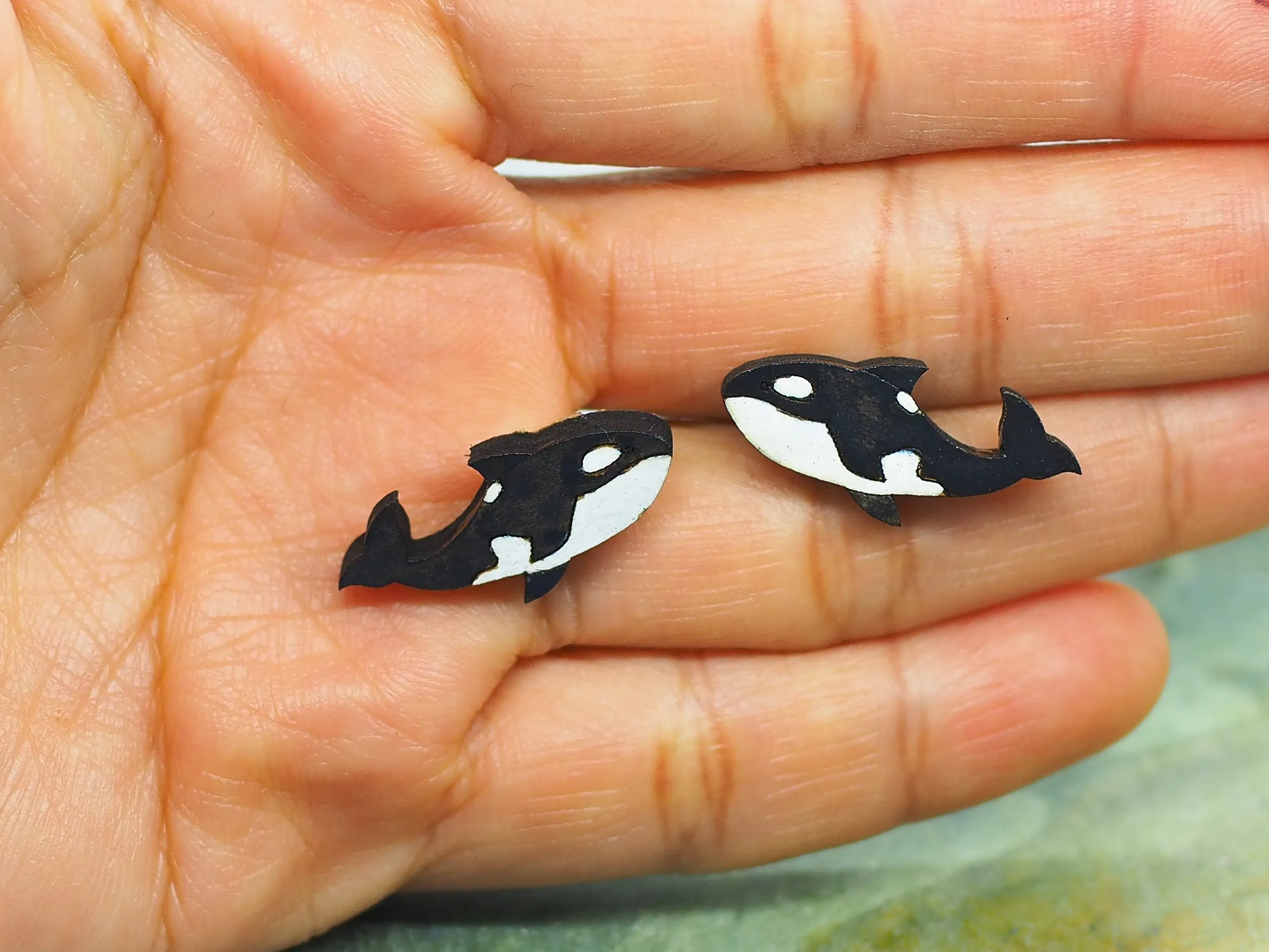 Orca whale Wooden Rimu Stud Earrings