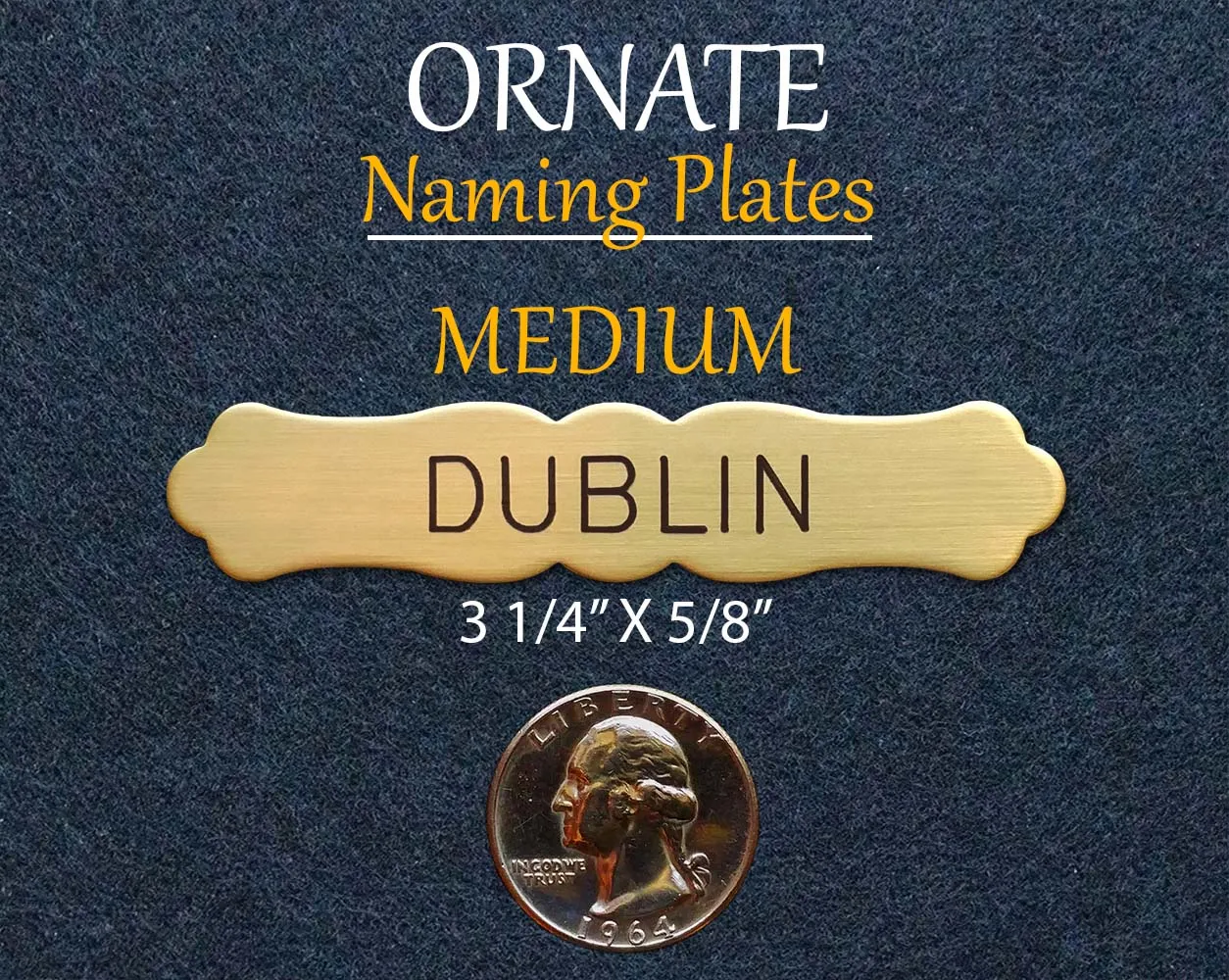ORNATE MEDIUM Naming Plate Thick Fancy Solid Brass or Nickel Silver Custom Engraved