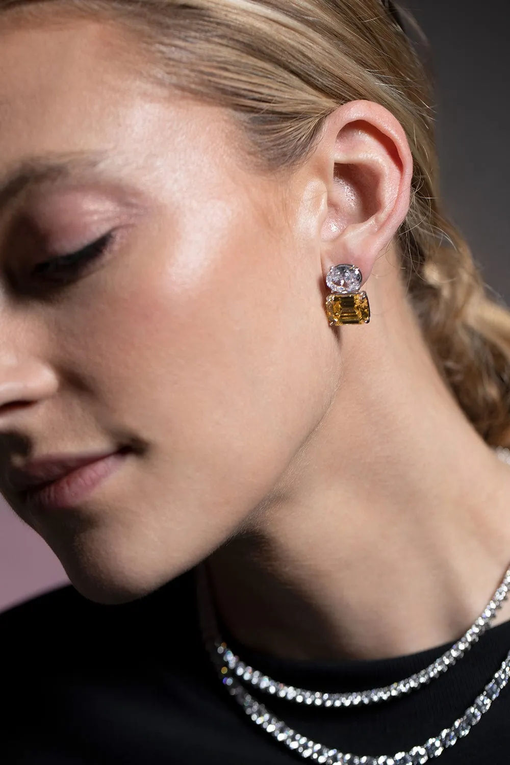 Oval and Emerald Canary Button Earrings